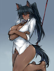 animal_ears between_breasts black_hair bondage bottomless breast_hold breasts clenched_teeth collar crossed_arms crotch_rope dark_skin dog_collar dog_ears dog_tail dress_shirt glint kneeling large_breasts leash leash_between_breasts long_hair long_ponytail naked_shirt original ponytail shirt skj tail thighs tied_hair unbuttoned