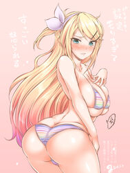 ass blonde_hair blue_eyes blush bra breasts collarbone dat_ass female kagamine_rin kagamine_rin_(future_style) large_breasts long_hair looking_at_viewer panties pink_background shiny shiny_skin solo speech_bubble sweat sweatdrop text thighs translation_request underwear underwear_only vocaloid yuzuriha_p