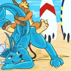 absurd_res anal anal_sex anthro ass_up beach blonde_hair blue_body bodily_fluids brown_body brown_fur canid claws duo eeveelution feet fin frill_(anatomy) fur genital_fluids genitals hair head_crest head_frill hi_res holding_tail internal jack-o'_pose long_tail looking_at_another looking_away looking_back male male/male male_only mammal moxsully nintendo open_mouth open_smile orange_body orange_fur penetration penile penile_penetration penis penis_in_ass pokémon_(species) pokemon pokemon_(species) pose raichu raised_tail rodent sand seaside size_difference smaller_male smile spread_toes surfboard tail_hug tan_body tan_fur tapering_penis teeth_showing toe_curl toes translucent translucent_body vaporeon video_games