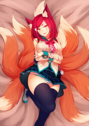 1girls academy_ahri academy_series ahri animal_ears black_legwear breasts crossed_arms fangs female female_only fox_ears fox_tail highres kerasu large_breasts league_of_legends long_hair long_sleeves lying multi_tail multiple_tails open_mouth panties pantyshot pantyshot_(lying) red_hair ricegnat school_uniform skirt smile solo striped striped_panties tail thighhighs underwear yellow_eyes