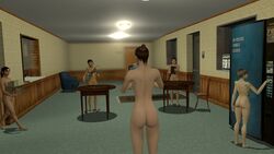 3d 3d_(artwork) 5girls ass brown_hair casual chair couch dark_skin female garry's_mod human inside nude pale_skin ponytail tab valve vending_machine