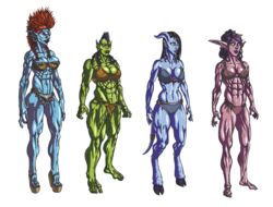 4girls abs aggressive blizzard_entertainment blue_eyes blue_sclera bra breasts draenei draenei_female elf elf_female female full-length_portrait full_length heels high_heels hooves large_breasts loincloth mnogobatko mohawk multiple_girls muscular_female night_elf orc orc_female petite portrait sideboob skimpy standing tattoo thick_thighs thong troll troll_(warcraft) troll_female veins warcraft white_iris world_of_warcraft