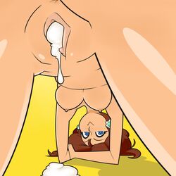 1girls after_sex after_vaginal all_fours blue_eyes breasts brown_hair cum cum_in_pussy cum_inside earrings female female_only highres looking_at_viewer looking_back mario_(series) nintendo nipples nude princess_daisy short_hair simple_background smile solo suplexpizza yellow_background