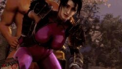 1boy 3d 3d_(artwork) animated animated_gif armor black_hair bodysuit bouncing_breasts clothed_female_nude_male clothed_sex doggy_style gif happy long_hair male ninja pockyinsfm ponytail skin_tight soul_calibur soul_calibur_iv spandex taki thick_thighs thighs tied_hair