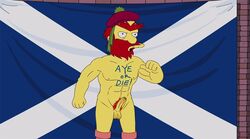 abs beard boner edit erection flag foreskin groundskeeper_willie hat human male male_only muscles nude partially_retracted_foreskin pecs penis pubes red_hair scottish_flag screenshot screenshot_edit solo testicles the_simpsons thumb_pointing uncensored uncut unibrow