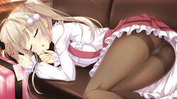 :o ameto_yuki ass black_legwear blush breasts brown_hair cameltoe closed_eyes couch female game_cg grey_hair hair_ornament highres lying on_side open_mouth panties panties_under_pantyhose pantyhose pure_x_connect shinozaki_ayumi_(pure_x_connect) solo suitcase thighband_pantyhose tied_hair twintails underwear wallpaper white_panties