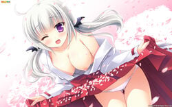 ;d breasts cherry_blossoms dress dress_lift female hakama highres ikegami_akane imouto_no_okage_de_mote_sugite_yabai japanese_clothes low_twintails miko nipples one_eye_closed open_mouth panties purple_eyes shiratori_kanae silver_hair smile tied_hair twintails underwear wallpaper white_panties wink