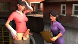 3d amazed black_hair femscout femsniper futa_sans_pussy futanari glasses human intersex miss_pauling pants_down rule_63 sentry_(team_fortress_2) sentry_turret team_fortress team_fortress_2