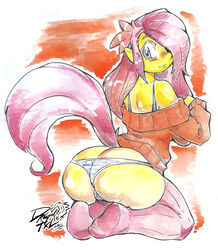 absurdres anthro arched_back ass ass_cleavage blue_eyes butt_crack dragoontequila equine female fluttershy_(mlp) friendship_is_magic furry furry_only hair_flower hair_ornament hair_over_one_eye kneeling long_hair looking_back my_little_pony panties pink_hair pink_legwear shimapan sideboob simple_background smile solo standing straight_hair striped striped_panties sweater tail tank_top thighhighs traditional_media underwear watercolor_(medium) yellow_fur