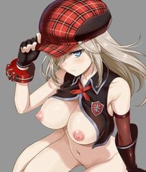 adjusting_clothes adjusting_hat alisa_ilinichina_amiella areolae bare_legs blue_eyes blush bottomless breasts female gloves god_eater god_eater_burst hat large_breasts long_hair looking_at_viewer navel nipples pointy_chin puffy_nipples simple_background skirt solo taturouxs thighhighs