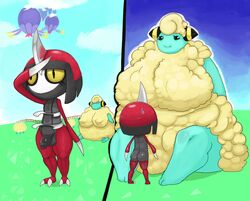 ass balls big_breasts black_eyes blue_skin breasts drifloon eyelashes female field flaccid fluffy huge_breasts male mareep nintendo pawniard pdxyz penis pokémon_(species) pokemon size_difference sweat sweatdrop video_games wool yellow_eyes