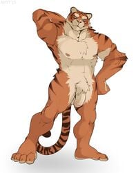 1boy abs amit anthro balls biceps claws feline flaccid fluffy fur green_eyes hair hand_behind_head long_foreskin male male_only mammal muscles nipples nude orange_fur pecs penis pubes smile solo standing stripes tiger toe_claws toned uncut white_fur yellow_eyes