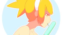 animated animated bare_shoulders blonde_hair earrings female hairband half-closed_eyes licking popsicle saltyicecream sexually_suggestive simple_background solo tongue tongue_out upper_body yellow_eyes