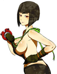 bangs bare_shoulders black_hair blunt_bangs bob_cut breasts female fura gloves god_eater god_eater_burst looking_back red_eyes short_hair sideboob solo tachibana_sakuya