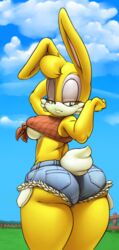 1girls anthro argento ass big_ass big_butt breasts bunnie_rabbot bunny clothed clothing farm female female_only fur furry furry_only looking_back outdoors rabbit short_shorts sideboob solo sonic_(series) tail thick_thighs underboob yellow_fur