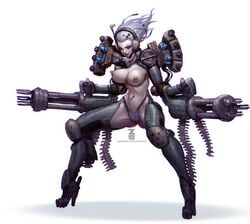 1girls armor boots breasts dual_wielding female female_only gatling_gun gun large_breasts navel navel_piercing nipple_piercing nipples panties paul_kwon piercing short_hair solo weapon white_hair zeronis