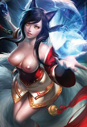 ahri animal_ears black_hair breasts dress facial_marks female fur furry_tail humanoid large_breasts league_of_legends long_hair magic multi_tail multiple_tails nipples sakimichan solo tail yellow_eyes