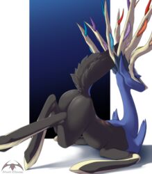 antlers ass ass_up cervine deer feral fur half-closed_eyes hot_shit looking_at_viewer lying mammal nintendo on_floor on_front pokemon pokemon_(species) presenting presenting_hindquarters side_view smile solo sonsasu video_games xerneas