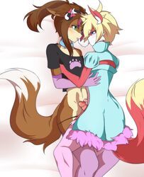 blue_eyes blush canine choker clothing cum elbow_gloves eye_contact girly gloves green_eyes hair hug male mammal penis ponytail saliva saliva_string strawberry-fox tied_hair tongue translucent_hair yaoi