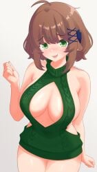 big_breasts big_thighs bovine bow cow_ears cow_girl cowgirl embarrassed embarrassed_expression embarrassed_female female female female_only girl girly green_eyes hair_ribbon hairbow mommy nervous nervous_smile smiling smiling_at_viewer sweater virgin_destroyer_sweater virgin_killer_sweater woman_only yohi yohi_cantharellus