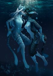 anthro aorumi arms_tied asphyxiation bondage bondage bound domestic_cat drowning duo felid feline felis female female/female hi_res hybrid kissing mammal nude peril underwater water