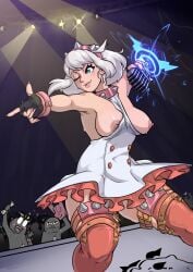 1girls 2024 audience blue_eyes breasts breasts_out breasts_out_of_clothes digital_media_(artwork) dress elphelt_valentine female female_focus guilty_gear guilty_gear_strive one_eye_closed partially_clothed peenortacus stage white_hair wink