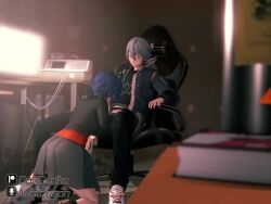 acted behind belle_(zenless_zone_zero) blurry_foreground chair clothed desk doridoriko fellatio from incest indoors kneeling_oral_position koikatsu misuzugon oral short_playtime sitting sound tagme video voice wise_(zenless_zone_zero)