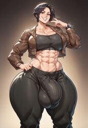 abs ai_generated black_hair black_topwear bulge futanari grin huge_bulge huge_cock jacket light-skinned_futanari looking_at_viewer medium_breasts muscular_futanari original_character short_hair smile thick_thighs tight_pants watch wide_hips