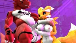 3d anthro anthro_only breasts digimon digimon_(species) dinosaur duo female female_fox fox guilmon male naked naked_female nude nude_male penis penis_awe penis_on_breast renamon sarah_dellen sarahdellen sfm source_filmmaker