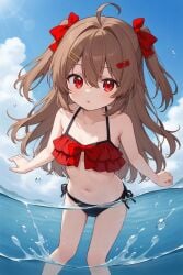 ai_generated black_panties bra evil_neuro female looking_at_viewer mostly_nude mostly_nude_female red_eyes small_breasts swimsuit swimwear water