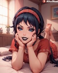 1girls ai_generated aliusnext black_hair black_lipstick black_nails braid breasts feet feet_up female goth goth_girl gothic gothic_girl grin headgear hi_res highres lipstick long_hair miside mita_(miside) nail_polish patreon small_breasts tagme twintails yandere yandere_eyes