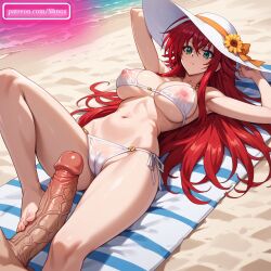 ai_generated beach big_breasts big_penis bikini breasts cameltoe feet feet_on_penis female green_eyes lying lying_on_back nipples nipples_visible_through_clothing red_hair rias_gremory sunbathing sunhat sunlight translucent_clothing