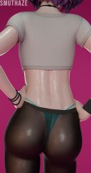 1girl andavaverse ass ass_focus chocker crop_top oiled_skin original_character pelo purple_hair simple_background smuthaze stockings thong watermark wristband