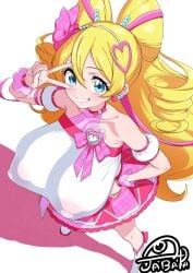 aged_up big_breasts clothed cure_idol jabara_tornado kimi_to_idol_precure nipples_visible_through_clothing peace_sign precure pretty_cure sakura_uta