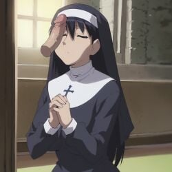 ai_generated aizumanga azumanga_daiou closed_eyes closed_mouth clothed hands_clasped huge_breasts ignoring nun nun_outfit penis_on_face praying sakaki