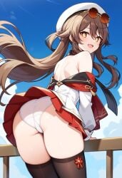 ai_generated alternate_costume ass ass_focus bare_shoulders blush brown_eyes brown_hair dress female from_behind from_below genshin_impact hat hu_tao_(cherries_snow-laden)_(genshin_impact) hu_tao_(genshin_impact) leaning leaning_forward long_hair looking_at_viewer looking_back official_alternate_costume open_mouth panties scarf short_dress smile solo sunglasses sunglasses_on_head thick_thighs thighhighs twintails upskirt very_long_hair