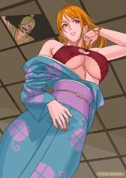 nami nami_(one_piece) one_piece orange_hair peeping_tom red_lingerie undressing vinsmoke_sanji wano_country