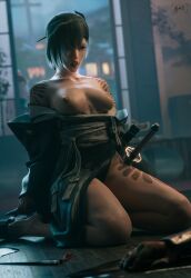 3d akeha black_hair black_lips black_lipstick blender_(software) blissful_art breasts breasts_out exposed_breasts japanese_clothes japanese_female kimono nier nier_reincarnation night nipples pale-skinned_female shoulder_tattoo shoulders thighs tied_hair topless topless_female