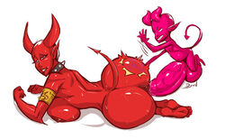 ass balls big_balls big_breasts big_penis blush breasts collar demon dya female horn imp looking_at_viewer male nude penetration penis pussy red_skin sex simple_background spanking straight vaginal_penetration white_background zevirem