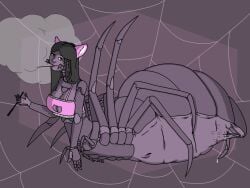 2025 8_legs anus arachnid arachnid_taur arthropod arthropod_taur black_hair brown_eyes clothing digital_media_(artwork) exoskeleton fake_ears female genitals hair hi_res lingerie lingerie_on_taur pencilsdgr plating purple_body purple_skin pussy simple_background solo spider spider_web spinneret taur vape vape_cloud vaping vulva