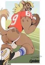 american_football american_football_uniform anthro anus ass athlete back_muscles backsack ball balls barazoku bedroom_eyes biceps big_butt big_muscles blonde_hair blue_clothing blue_footwear blue_sky blue_socks brown_body brown_fur brown_hair butt_focus cleats clothed clothing flirting flirting_look flirting_with_viewer football_field football_jersey football_player football_uniform footwear fur genitals grass gridiron_ball grin grinning_at_viewer hair hi_res hyena jock jockstrap jockstrap_down looking_at_viewer looking_back looking_back_at_viewer lynxlonx male mammal manly muscular muscular_anthro muscular_arms muscular_male muscular_thighs narrowed_eyes outside pantsless pantsless_anthro pantsless_male partially_clothed plant presenting presenting_body presenting_hindquarters rear_view red_clothing red_shirt red_topwear running seducing_viewer seductive shirt showing_off_butt showing_off_muscles sky smile smiling_at_viewer smirk smirking_at_viewer socks solo sport spotted_hyena tail thick_arms thick_thighs topwear underwear underwear_down white_clothing white_footwear white_jockstrap white_socks white_underwear yellow_body yellow_fur
