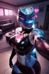 1girl ai_generated animated anthro apartment armpit elbow_gloves female flirting heart latex latex_topwear muscular posing reptile scalie selfie solo tagme thighhighs video