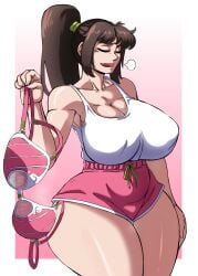 1girls big_breasts bra bra_removed breasts brown_hair busty charge_sol cleavage clothing eyes_closed fatal_fury female female_only huge_breasts king_of_fighters large_breasts mai_shiranui png shirt shorts sigh solo street_fighter thick_thighs wide_hips