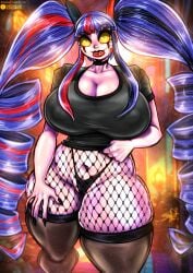 big_breasts blue_hair bluewolfartista clown clown_girl fishnets huge_breasts jester jester_girl long_hair massive_breasts monster_girl nipple_bulge oc original_character pale_skin red_lipstick sexy stockings thick_legs thick_thighs thighhighs thighs thong twintails wide_hips yellow_eyes