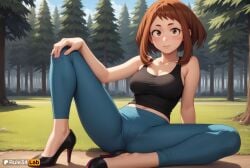 , 1girls ai_generated arm_support bare_shoulders black_footwear black_shirt blue_pants blush blush_stickers boku_no_hero_academia breasts brown_eyes brown_hair cleavage closed_mouth collarbone day forest full_body grass hand_on_own_knee hi_res high_heels jeans knee_up large_breasts looking_at_viewer midriff midriff_peek my_hero_academia nature navel ochako_uraraka on_ground outdoors pants rule34lab shirt short_hair sidelocks sitting sky smile solo spread_legs tank_top tight_clothes tree uraraka_ochako