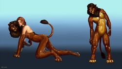 all_fours anthro anthrofied bodysuit clothing crossdressing digitigrade disney duo feline female kemono_inukai kovu lion male male_only mammal muscles penis rubber second_bodysuit skinsuit the_lion_king transformation