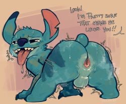 2025 alien anthro anus ass balls blue_body blue_fur blue_nose bodily_fluids dialogue disney english_text experiment_(lilo_and_stitch) fur genitals hi_res latchk3y lilo_and_stitch looking_back male nude open_mouth open_smile smile solo stitch_(lilo_and_stitch) sweat text tongue tongue_out