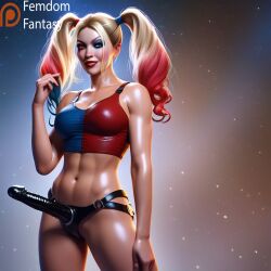 1girls ai_generated dc_comics dominant dominant_female domination dominatrix femdom femdomfantasyai harley_quinn pegging smug_face solo strap-on strapon strapon_dildo