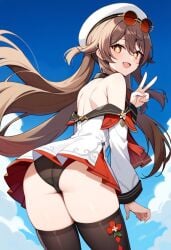 ai_generated alternate_costume ass ass_focus blush brown_eyes brown_hair dress female from_behind from_below genshin_impact hat hu_tao_(cherries_snow-laden)_(genshin_impact) hu_tao_(genshin_impact) leaning leaning_forward long_hair looking_at_viewer looking_back open_mouth panties short_dress smile solo sunglasses sunglasses_on_head thick_thighs thighhighs twintails upskirt very_long_hair