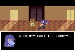 2girls accurate_art_style aged_up alternate_color anthro anthro_female blush blushing_at_another breasts breasts_out clothes_on_floor clothes_removed deltarune dialogue dialogue_box female female_anthro female_human female_only flustered flustered_female heels huge_breasts human human_female kris_(deltarune) kris_female_(deltarune) neutral_expression nsfwfromd pants pixel_art self_upload shirt_on_floor source sprite sprite_art susie_(deltarune) tagme text text_box thick_thighs thong tits_out topless topless_female undertale_(series)